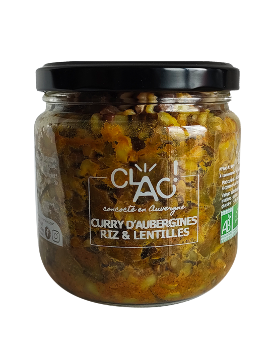 Curry d'aubergines riz et lentilles bio