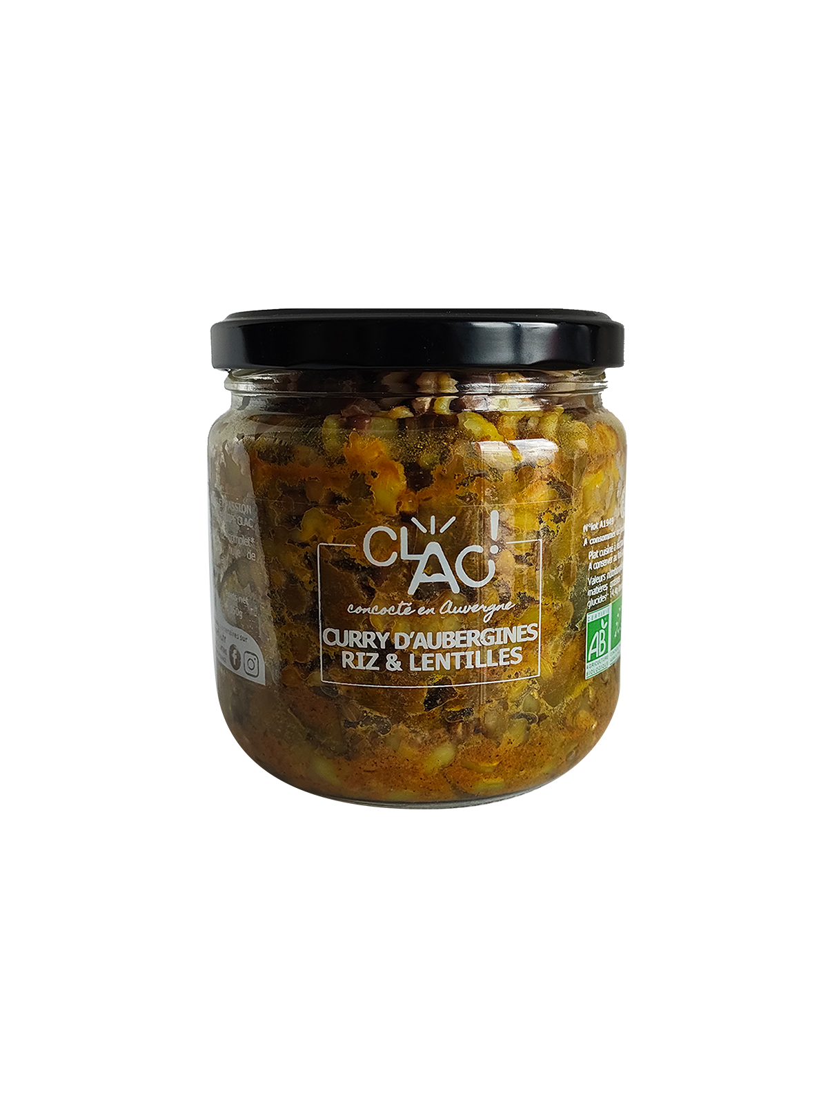 Curry d'aubergines riz et lentilles bio