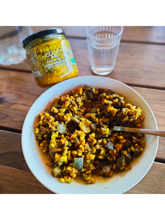Curry d'aubergines riz et lentilles bio