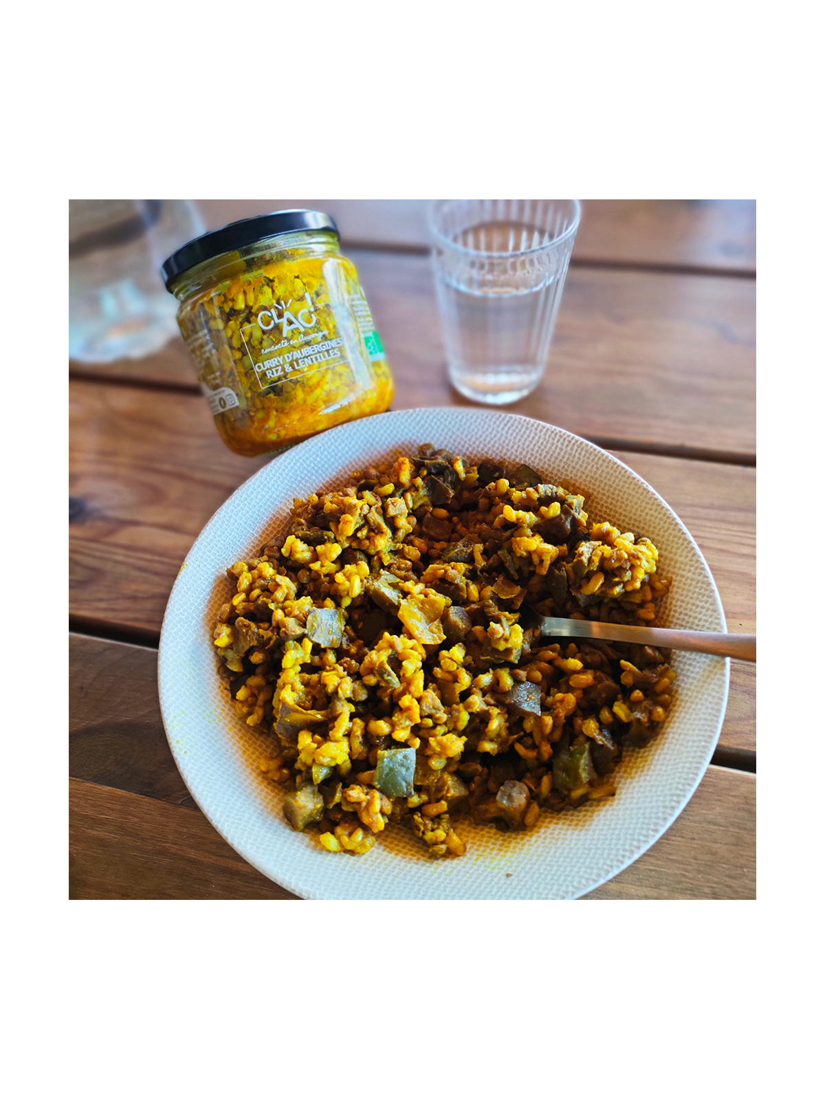 Curry d'aubergines riz et lentilles bio