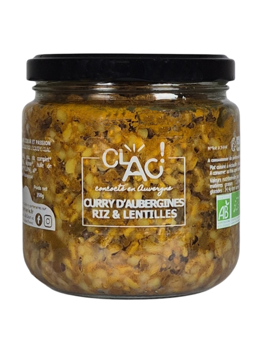 Curry d'aubergines riz et lentilles bio